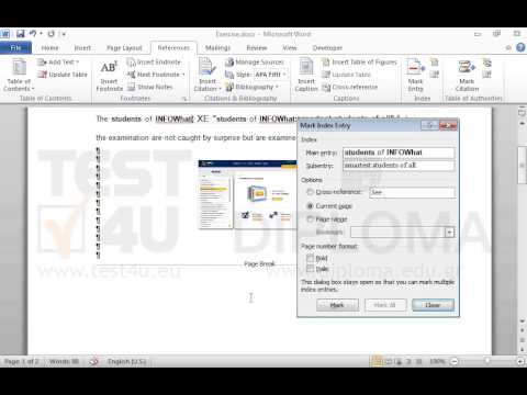 Insert an index entry on the phrase students of INFOWhat. Insert the text smartest students of all as subentry. Make sure the index is displayed at the end of the document.