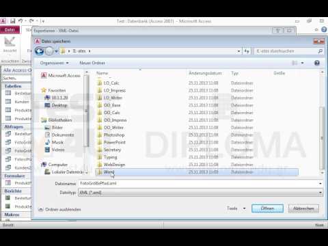 Exportieren Sie die Abfrage FotoGrößePfad im xml-Format im Ordner IL-ates\Word auf dem Desktop unter dem Namen Fotos.xml. Exportieren Sie die Abfrage FotoGrößePfad im xml-Format im Ordner IL-ates\Word auf dem Desktop unter dem Namen Fotos.xml.