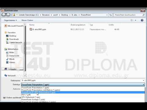 Speichern Sie die aktuelle Präsentation im Ordner Il-ates\PowerPoint, der sich auf dem Desktop befindet, als Vorlage unter dem Namen meinevorlage.potx