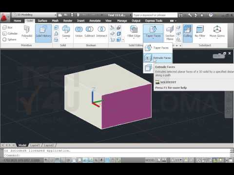 Ανοίξτε το αρχείο με όνομα TEST 111.dwg από τον φάκελο IL-ates\CAD της επιφάνειας εργασίας και χρησιμοποιώντας την κατάλληλη εντολή από την διαδικασία επεξεργασίας στερεών (Solidedit), εξωθήστε την κόκκινη επιφάνεια του στερεού με ύψος 50 μονάδες και κατακόρυφη γωνία εξώθησης 30°. Αποδεχθείτε τις υπόλοιπες προτεινόμενες τιμές. Ανοίξτε το αρχείο με όνομα TEST 111.dwg από τον φάκελο IL-ates\CAD της επιφάνειας εργασίας και χρησιμοποιώντας την κατάλληλη εντολή από την διαδικασία επεξεργασίας στερεών (Solidedit), εξωθήστε την κόκκινη επιφάνεια του στερεού με ύψος 50 μονάδες και κατακόρυφη γωνία εξώθησης 30°. Αποδεχθείτε τις υπόλοιπες προτεινόμενες τιμές.