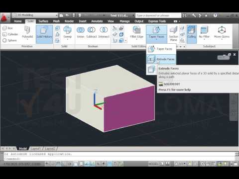 Ανοίξτε το αρχείο με όνομα TEST 111.dwg από τον φάκελο IL-ates\CAD της επιφάνειας εργασίας και χρησιμοποιώντας την κατάλληλη εντολή από την διαδικασία επεξεργασίας στερεών (Solidedit), εξωθήστε την κόκκινη επιφάνεια του στερεού με ύψος 50 μονάδες και κατακόρυφη γωνία εξώθησης 30°. Αποδεχθείτε τις υπόλοιπες προτεινόμενες τιμές.