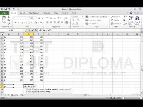 Use the Lookup function to display in the cell C20 the value of the Column C that corresponds to the letter of the Column A, according to the letter displayed in the A20 cell. The table range is A1:C18. 