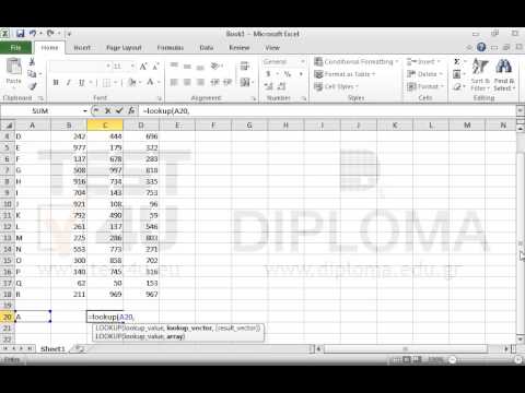 Use the Lookup function to display in the cell C20 the value of the Column C that corresponds to the letter of the Column A, according to the letter displayed in the A20 cell. The table range is A1:C18. Use the Lookup function to display in the cell C20 the value of the Column C that corresponds to the letter of the Column A, according to the letter displayed in the A20 cell. The table range is A1:C18.