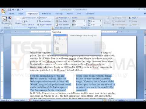 Select the text between From the establishment... and ...presented and apply two columns layout. Columns should be of equal width and separated by a 0,3" space with a line between them. Then set left and right margin in 0,8" only on the columns section. 