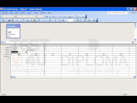 Create a new query based on the Products table that will display the Description and Price fields only (following this order). Sort the Description field in ascending order. Apply a criterion to the Price field which will return the records which display values equal or lower than 10. Save the query as q1 and close it. Create a new query based on the Products table that will display the Description and Price fields only (following this order). Sort the Description field in ascending order. Apply a criterion to the Price field which will return the records which display values equal or lower than 10. Save the query as q1 and close it.