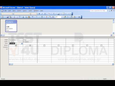 Create a new query based on the Products table that will display the Description and Price fields only (following this order). Sort the Description field in ascending order. Apply a criterion to the Price field which will return the records which display values equal or lower than 10. Save the query as q1 and close it. 