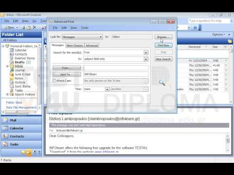 Use the Find command to locate all email messages which appear in the Personal Folders_test4u folder and in its subfolders, are sent to Infolearn and contain the word Free in their subject (do not close the find dialog window).