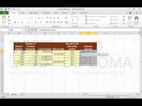 Insert the appropriate functions in the cell range G5:G10 that return the monthly payments for a loan based on regular payments and stable interest rate. Necessary data are provided in the cell range B5:F10.