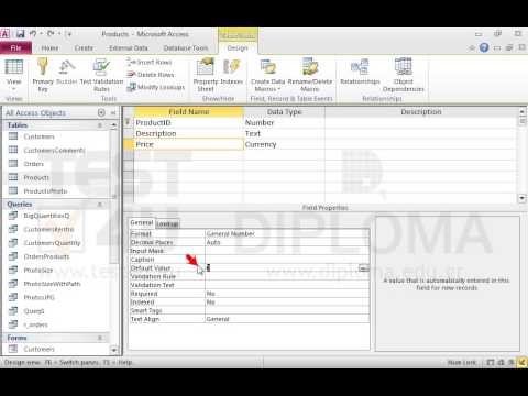 Set number 100 as default value of the Price field in the Products table. Save and close the table.