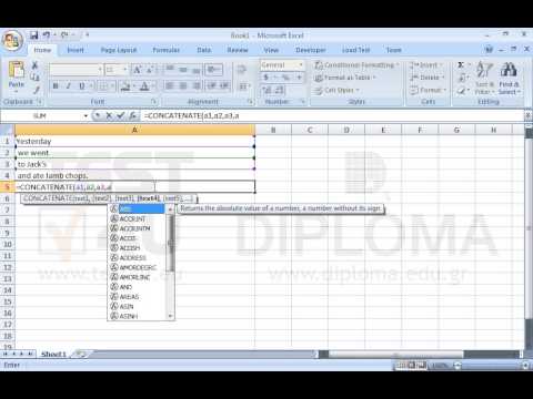 In the cell A5 insert the appropriate function that joins the text of the cells A1, A2, A3, A4.
In the cell A6 insert the appropriate formula (not a function) that joins the text of the cells A1, A2, A3, A4.