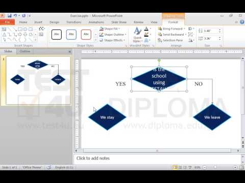 Change the shape of the slide which displays the text Is the school using TEST4U? to Decision shape, without altering the text. Then connect the shapes Is the school using TEST4U? and We stay using an Elbow Connector line with an arrow pointing downwards.