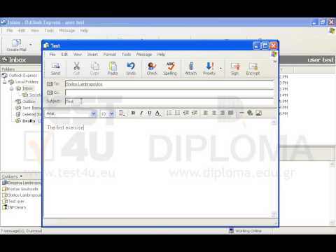 Create a new email message with subject Test
enter the text The first exercise in the main body of the message and send it to Stelios Lambropoulos. The word first should be displayed in bold and the word exercise in italics.