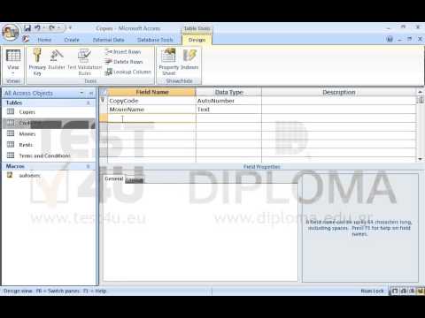 Create a new table to display the following fields:
1st field: name:CopyCode,data type: AutoNumber-Long Integer, primary key 
2nd field: name:MovieName,data type: Text, number of characters: 50
3rd field: name:YearReleased,data type: Number-Long Integer
Save the table as Copies and close it.