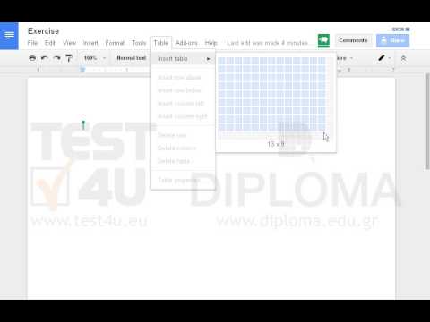 Insert a table with 13 columns and 15 rows into the already opened document. Insert a table with 13 columns and 15 rows into the already opened document.