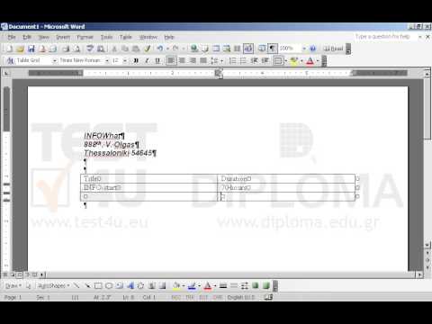 Create a new document, using Microsoft Word application and type the text below, using Arial Font, size 12pt, bold and italics. 
 
INFOWhat
888th, V. Olgas
Thessaloniki 54645
 
Then leave two empty lines. Insert a 3 rows and 2 columns table to display the following data: 
 
TitleDurationINFO-start70 hoursINFO-advanced50 hours
 
The words INFO-start and INFO-advanced should be red. The words Title and Duration should be bold and italic.
At the end of the table insert a manual page break. 
 
Insert the text Photos, center-aligned, bold and underlined on the new page. 
Insert the photo tsitsanis.jpg, saved in the IL-ates\Files folder on your Desktop on the next line and align it in center. 
 
Insert right aligned page numbers on the footer on the whole document.
Insert the text INFOWhat on the left part of the header. Save the document as test1.doc to the IL-ates\Files folder on your Desktop and exit the application.