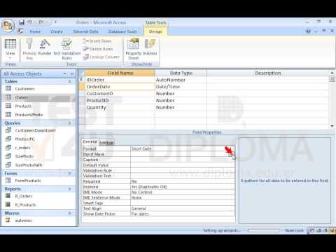 Use the month/day/year form which displays each item in two digits (e.g. 07/14/13) to set an input mask to the OrderDate field of the Orders table. Save and close the table.