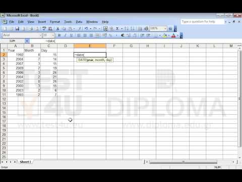 Insert an appropriate function in the cell E2 to return the date for the values of the cell range A2:C2. Reproduce the function in the cell range E3:E11. Insert an appropriate function in the cell E2 to return the date for the values of the cell range A2:C2. Reproduce the function in the cell range E3:E11.
