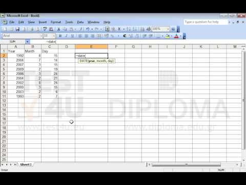 Insert an appropriate function in the cell E2 to return the date for the values of the cell range A2:C2. Reproduce the function in the cell range E3:E11.