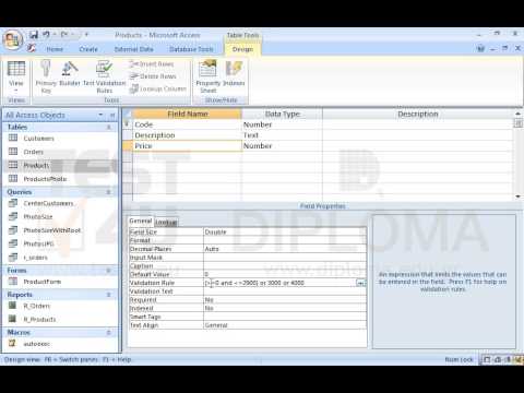 Set the appropriate validation rule in the Price field of the Products table to allow the input of prices equal or higher than 0 and equal or lower than 2900, or one of the following prices: 3000, 4000, 5000. Use the text Wrong price as validation text. Save and close the table.