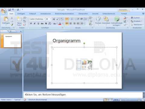 Ändern Sie das Layout der Präsentation auf Titel und Inhalt. Geben Sie als Titel der Folie das Wort Organigramm ein. Fügen Sie auch ein Organigramm ein. 