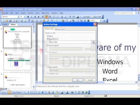 Insert an action button in the first slide of the current presentation so that the third slide appears when the user clicks it once. Insert an action button in the first slide of the current presentation so that the third slide appears when the user clicks it once.