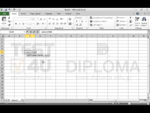 Use the function date(), to insert the date 9 July 1968 in the cell C5.