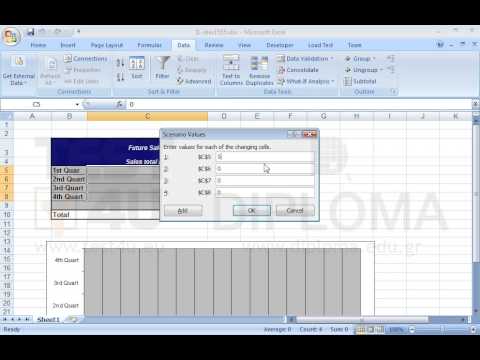 Create two Scenarios with the following data:
1) Name: Min, changing cells: C5:C8, values: 5, 6, 10, 8
2) Name: Max, changing cells: C5:C8, values: 11, 12, 15, 10.
Display the scenario Max. Create two Scenarios with the following data:
1) Name: Min, changing cells: C5:C8, values: 5, 6, 10, 8
2) Name: Max, changing cells: C5:C8, values: 11, 12, 15, 10.
Display the scenario Max.