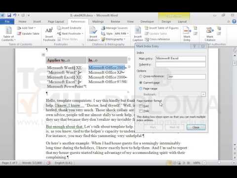 Suppose that you want to create an index. Mark the words Microsoft Word, Microsoft Office 2003 and  Microsoft Excel from the table on the first page. Then, create a modern style index at the end of the document.