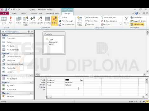 Create a new query named del2 that deletes all records where the Price field value is equal or less than 100 from the Products table. Run the query.