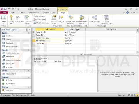 Set the display control of the ItemCode field in the Orders table as List Box. Make sure the Row Source Type property is Table/Query and the data are derived from the Products table. Save and close the table.