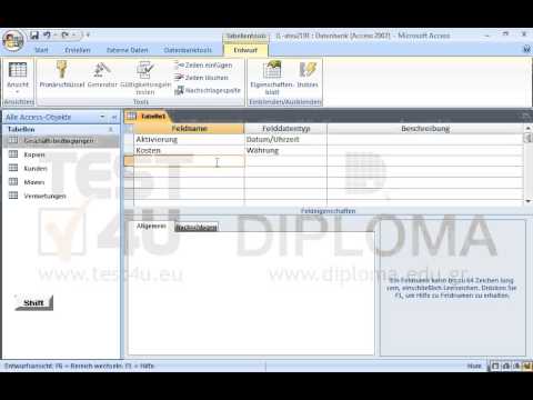 Erstellen Sie eine neue Tabelle mit folgenden Feldnamen und Felddatentypen:
Erstes Feld:Name: Aktivierung, Datentyp: Datum/Uhrzeit.
Zweites Feld:Name: Kosten, Datentyp: Währung.
Drittes Feld:Name: Anzahl, Datentyp: Zahl.
Speichern Sie die Tabelle unter dem Namen Gebühren und schließen Sie sie. Erstellen Sie eine neue Tabelle mit folgenden Feldnamen und Felddatentypen:
Erstes Feld:Name: Aktivierung, Datentyp: Datum/Uhrzeit.
Zweites Feld:Name: Kosten, Datentyp: Währung.
Drittes Feld:Name: Anzahl, Datentyp: Zahl.
Speichern Sie die Tabelle unter dem Namen Gebühren und schließen Sie sie.