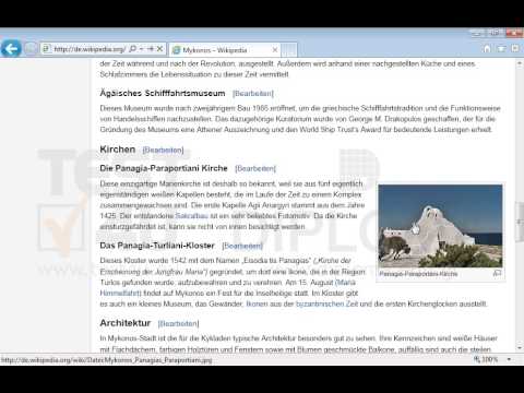 Klicken Sie auf den Mykonos-Link. Speichern Sie dann das Bild der Panagia-Paraportani-Kirche unter dem Namen panagia.jpg im Ordner TEST4U_IE, der sich auf dem Desktop befindet.