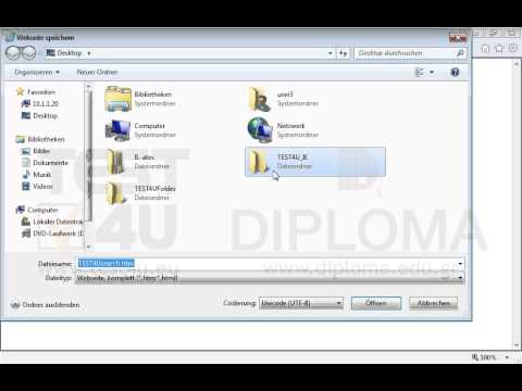 Speichern Sie die aktuelle Webseite im Ordner TEST4U_IE, der sich auf dem Desktop befindet, als komplette Webseite unter dem Namen test.htm 