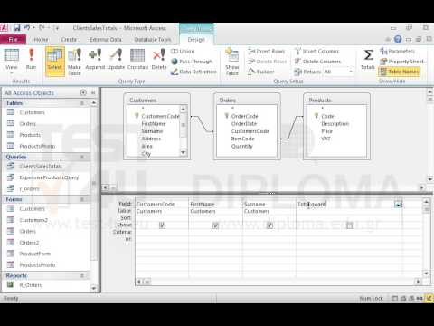 Insert a new field named Total in the ClientsSalesTotals query that will sum up the sales values (quantities by prices) for every client. Also, apply the appropriate relationship between the two tables. Save the changes. Insert a new field named Total in the ClientsSalesTotals query that will sum up the sales values (quantities by prices) for every client. Also, apply the appropriate relationship between the two tables. Save the changes.