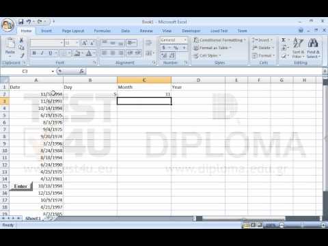 In the cell range B2:D21, insert the appropriate functions so that 
column B displays the day of the date appearing in column A,
column C displays the month of the date appearing in column A, 
column D to displays the year of the date appearing in column A.