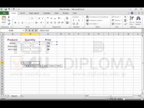 Navigate to the cell B10 and use the appropriate function to display the text YES, if the price of the item SCREEN is less than 115. Otherwise, the function returns the text NO.