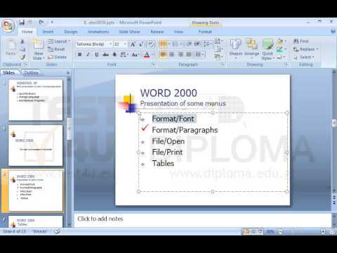 Navigate to the slide titled WORD 2000-Presentation of some of its menus. Then change the style of the bullet which appears before the text Format/Paragraph so that it is identical to the style of the first bulleted text Format/Font.