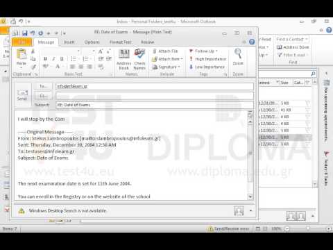 Reply to the email with subject Date of Exams located in the Inbox folder inserting the text I will stop by the Computer school at the beginning of the new email message.