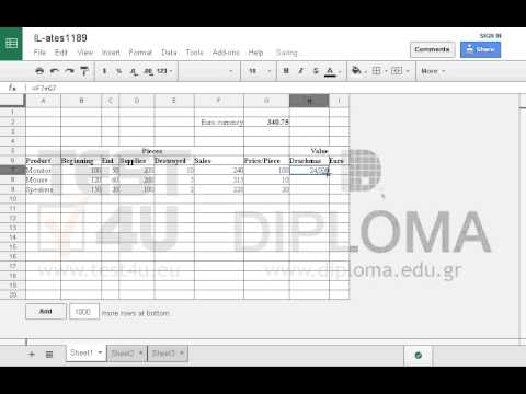 Given that sales equal to beginning pieces + supplies - end pieces - destroyed pieces, enter a formula in the cell range F7:F9 that returns the sales for each product. 
Enter a formula in the cell range H7:H9 that returns the sales value in Drachmas and use the result to calculate the sales value in Euros in the cell range I7:I9. (the euro-drachma exchange rate is provided in the cell G2)