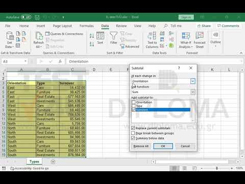 Calculate subtotals in the column Turnover at each change in Orientation. Display the Summary below data.