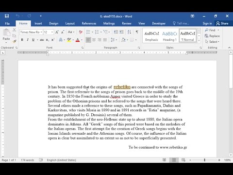 Set first line indentation in 0,5" to the paragraph which begins with the text It has been suggested that the origins of rebetiko... 