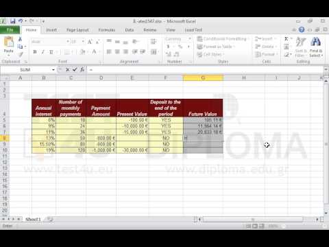 Insert the appropriate functions in the cell range G5:G10 to calculate the future value of an investment based on periodical, regular payments and stable interest rate. Necessary data are provided in the cell range B5:F10.