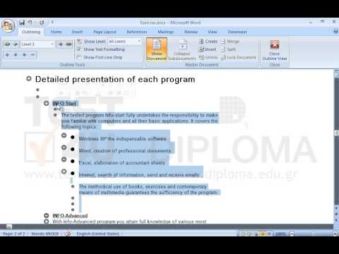 Create a subdocument that will contain the INFO-Start heading (as well as the total of its subheadings). Then, create another subdocument that will contain the INFO-Professional heading (and the total of its subheadings attached to it)