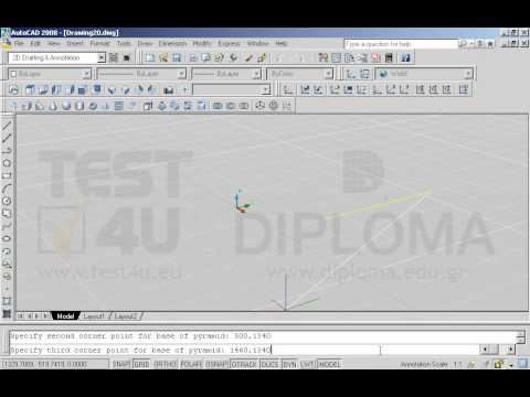 Σε ενα νέο σχέδιο σε τρισδιάστατο πρότυπο (acadiso3D.dwt), σχεδιάστε την γεωμετρική επιφάνεια μίας πυραμίδας (Pyramid) με τα εξής χαρακτηριστικά: σημείο αρχής (500,380), επόμενο σημείο (500,1340), επόμενο σημείο (1460,1340) και τελευταίο σημείο (1460,380). Καθορίστε σαν σημείο κορυφής το (220,1310). Σε ενα νέο σχέδιο σε τρισδιάστατο πρότυπο (acadiso3D.dwt), σχεδιάστε την γεωμετρική επιφάνεια μίας πυραμίδας (Pyramid) με τα εξής χαρακτηριστικά: σημείο αρχής (500,380), επόμενο σημείο (500,1340), επόμενο σημείο (1460,1340) και τελευταίο σημείο (1460,380). Καθορίστε σαν σημείο κορυφής το (220,1310).