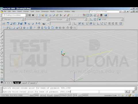 Σε ενα νέο σχέδιο σε τρισδιάστατο πρότυπο (acadiso3D.dwt), σχεδιάστε την γεωμετρική επιφάνεια μίας πυραμίδας (Pyramid) με τα εξής χαρακτηριστικά: σημείο αρχής (500,380), επόμενο σημείο (500,1340), επόμενο σημείο (1460,1340) και τελευταίο σημείο (1460,380). Καθορίστε σαν σημείο κορυφής το (220,1310).