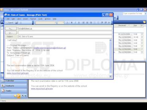 Reply to the email with subject Date of Exams located in the Inbox folder inserting the text I will stop by the Computer school at the beginning of the new email message.