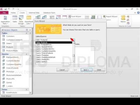 Create a new form, based on the OrdersProducts query and named OrdersProducts in tabular layout. The form will display the OrderDate, Description, Quantity and Price fields (following this order). Then create a form named Customers in columnar layout based on the Customers table that will display all fields of the table. Insert the OrdersProducts form as subform in the Customers form. Set the CustomerID as link field between the two forms. Save and close the form.