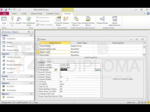 Set the display control as combo box in the ItemCode field of the Orders table. Make sure the Row Source Type property is set to Table/Query and the data are derived from the Products table, the column count is 2 and the column heads are displayed. Save and close the table.