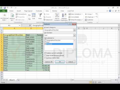 Calculate the subtotals of the turnover, for each change in Geographical Direction within the cell range A3:C19.