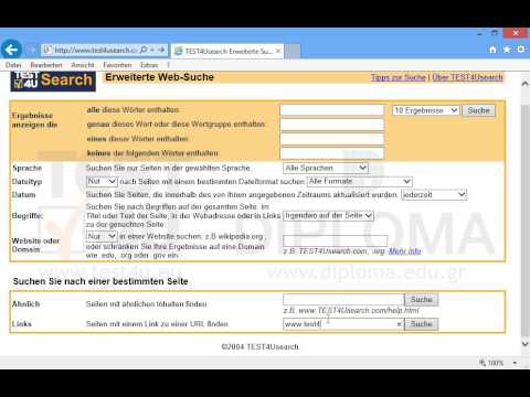 Suchen Sie über die Erweiterte Suche nach den Webseiten, die einen Link zur Webseite www.test4u.gr/index.php enthalten. Bevor Sie auf Absenden drücken, stellen Sie sich sicher, dass die Seite mit den Ergebnissen angezeigt wird. 
